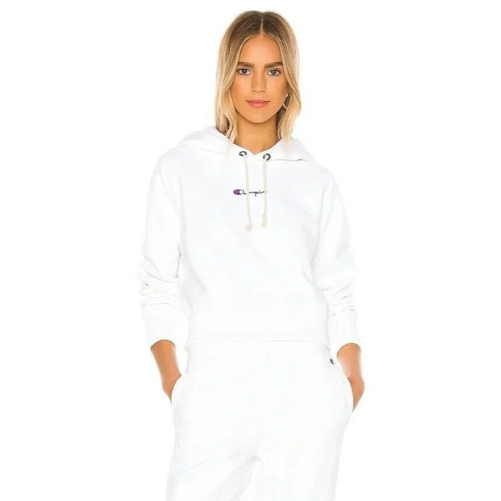 Champion Central Script Hooded Sweatshirt White Casual Street Style XS NWT $115